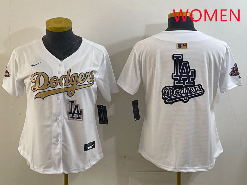 Women Los Angeles Dodgers Blank White Champion gold character 2025 Nike MLB Jersey style 24->women mlb jersey->Women Jersey